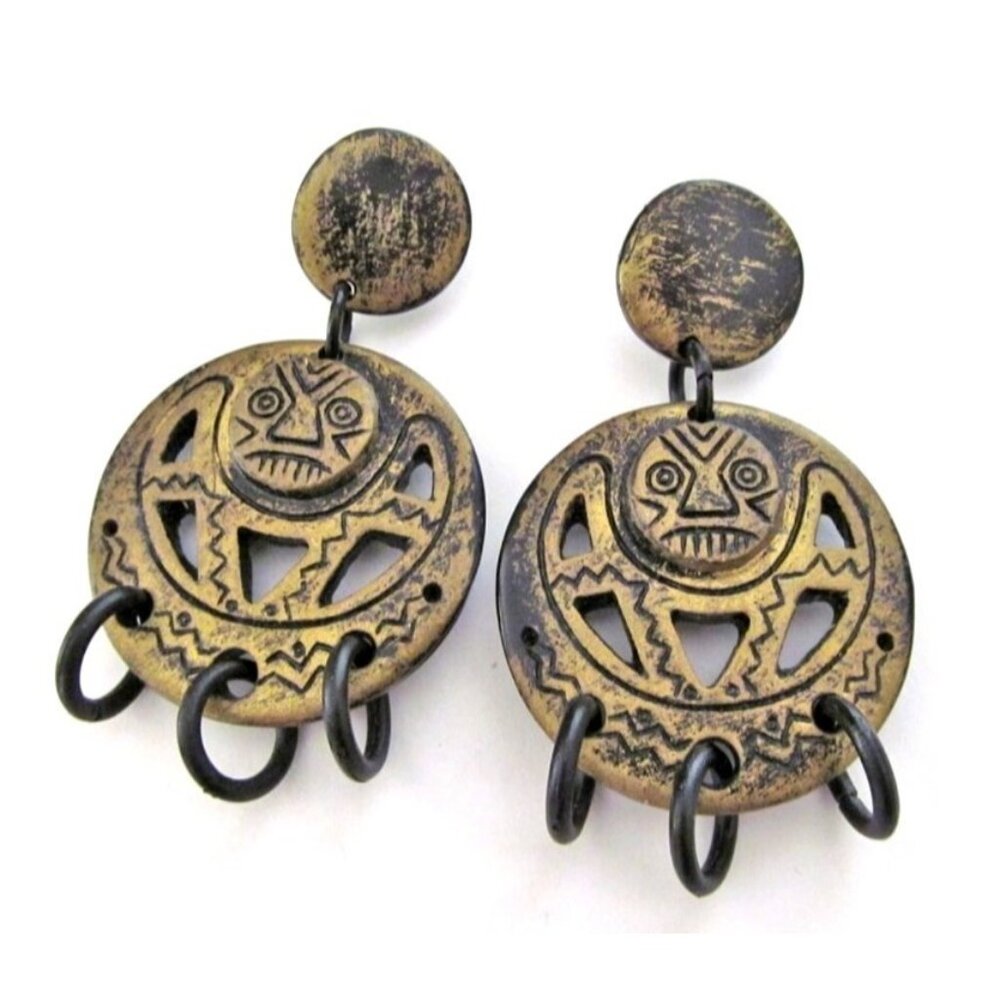 vintage tribal large big dangle earrings‎ mask/face aztec loops medallion